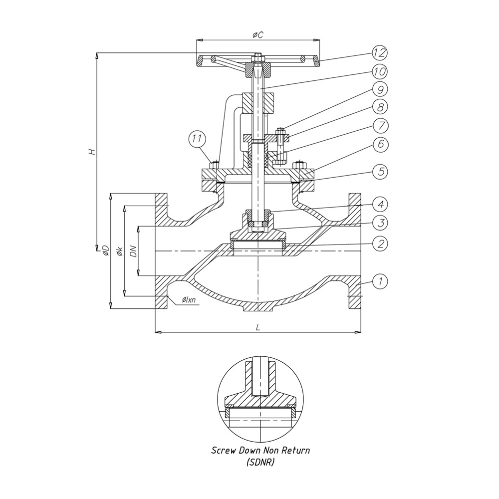 JIS 16K Straight Globe Valve drawing 1