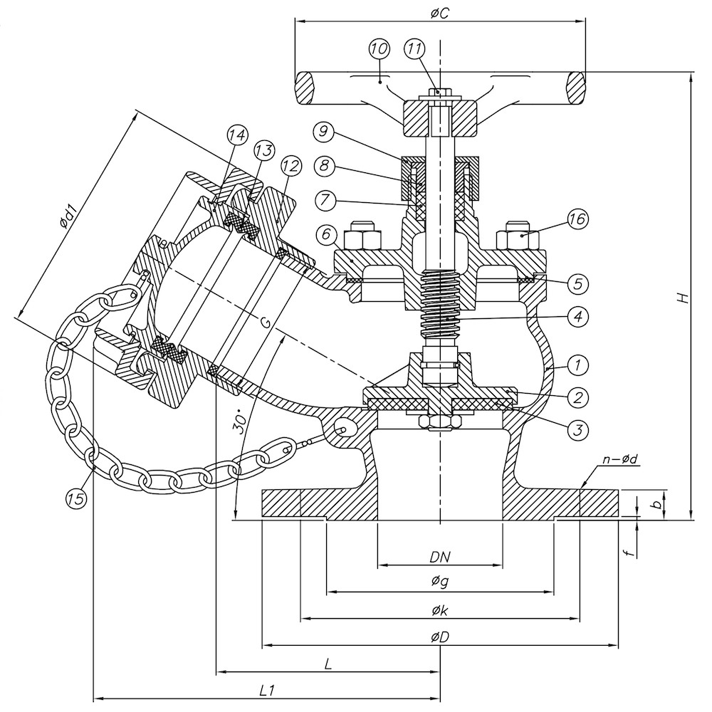 Angle Type 30° Oblique Type Fire Valve (Bolted Bonnet) drawing 1
